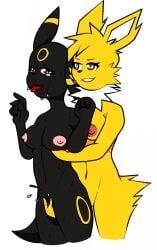 anthro bodily_fluids breasts duo eeveelution ejaculation female female/female finger_fuck fingering from_behind_position fur generation_1_pokemon generation_2_pokemon genital_fluids hi_res jolteon justtaylor nintendo nipples pawpads paws pokemon pokemon_(species) pussy_ejaculation questionable_consent sex simple_background sweat tears umbreon vaginal_fluids vaginal_penetration