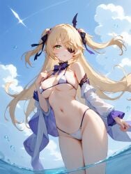 absurd_res ai_generated barefoot bikini blush breasts feet fischl_(genshin_impact) genshin_impact micro_bikini ministro wet