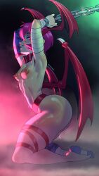 1girls areolae breasts capcom chained chained_wrists darkstalkers female female_only head_wings hi_res kneeling lilith_aensland looking_at_viewer nipples nude nude_female playzholder purple_hair red_eyes small_breasts solo succubus succubus_wings thick_thighs thigh_strap wings