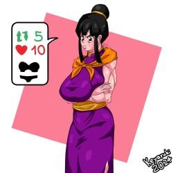 black_hair chichi china_dress dragon_ball dragon_ball_super dragon_ball_z housewife keyaruki massive_breasts muscular muscular_female retweet_challenge