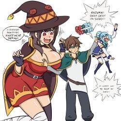 1boy 2girls aqua_(konosuba) ass ass_expansion attribute_theft bigger_female blue_eyes blue_hair boots breast_expansion breast_growth breast_growth_(enlargement) breast_reduction breasts breasts_bigger_than_head breasts_bigger_than_torso brown_eyes brown_hair bursting_breasts colored english_text expansion female flat_chest giantess gigantic_breasts gigantification green_eyes growth hat heel_boots height_growth herretik huge_ass huge_breasts ivelacia kono_subarashii_sekai_ni_shukufuku_wo! larger_female megumin mini_giantess minigirl satou_kazuma shrinking size_difference smaller_female tagme text thigh_boots thigh_expansion thighhigh_boots third-party_edit