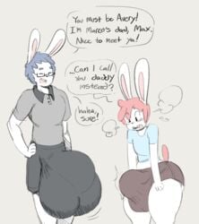 2018 angstrom anthro avery_(angstrom) big_bulge blush bulge clothing duo erection erection_under_clothes eyewear father girly glasses huge_bulge hyper hyper_bulge lagomorph looking_down male mammal max_(angstrom) parent rabbit shorts thick_thighs wide_hips