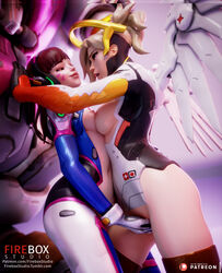 3d absurd_res absurdres angel_wings angela_ziegler areolae asian blender blizzard_entertainment bodysuit breast_press breasts d.va enjoying erect_nipples exposed_breasts female fingering fireboxstudio hana_song highres interracial mercy nipples overwatch patreon_username thighhighs tumblr_username yuri yuri_mitsu_(artist)