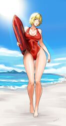 1girls abs barefoot beach blonde_hair breasts brown_eyes cleavage devil-v feet female female_only large_breasts lifeguard lipstick outdoors red_lipstick rescue_buoy swimsuit text thigh_gap toes water watermark wide_hips