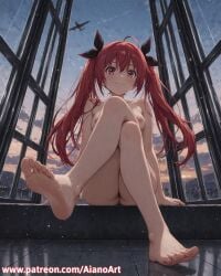 1girl ahoge ai_generated aianoart aircraft airplane bangs barefoot black_ribbon blush breasts closed_mouth cloud collarbone completely_nude contrail crossed_bangs crossed_legs date_a_live feet female female_only foot_focus foreshortening from_below full_body hair_between_eyes hair_ribbon indoors itsuka_kotori legs long_hair looking_at_viewer medium_breasts nipples nude pussy red_eyes red_hair ribbon shooting_star sidelocks sitting sky small_breasts smile soles solo thighs tiles toes twintails very_long_hair window