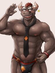 abs bovine bulge clothing gyumao h155296 hair horn male male_only mammal muscular muscular_male necktie nipples one_eye_closed pecs pubes red_hair solo speedo swimsuit tokyo_afterschool_summoners wink