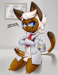 animal_crossing anthro blue_eyes bottomless conditional_dnp crossed_arms dialogue diploma doctor english_text erection eyewear fan_character feline furry glasses lab_coat lube male male_only mammal necktie nintendo penis percy_(teckworks) presenting presenting_penis solo standing teckworks testicles text