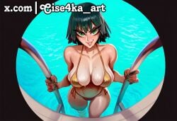 ai_generated bikini black_hair blush breasts cise4ka collarbone female fingernails fubuki_(one-punch_man) gold_bikini green_eyes green_hair green_nails large_breasts looking_at_viewer nail_polish navel pool pool_ladder poolside sensitive shiny_skin short_hair side_tie_bikini_bottom skindentation smile solo swimsuit thighs v_shaped_eyebrows wading water wet