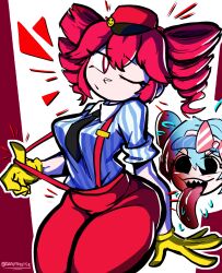 2d 2d_(artwork) 2girls arched_back artist_name belly big_breasts big_thighs blue_hair breasts clothed clothed_female clothing curvaceous curvy curvy_female curvy_figure diddlydooter1 eyelashes female female_focus female_only freaky fully_clothed gloves hat hatsune_miku high-waist_pants high_waisted_pants hips_wider_than_shoulders huge_thighs kasane_teto kasane_teto_(sv) large_breasts large_thighs looking_to_the_side mesmerizer_(vocaloid) mesmerizer_miku mesmerizer_teto mv_character necktie one_eye_closed pants posing red_eyes red_hair sharp_teeth shirt simple_background slim_waist sticking_ass_out striped_shirt suspenders synthesizer_v thick_thighs thighs tight_clothing tongue tongue_out twin_drills utau vocaloid wide_hips