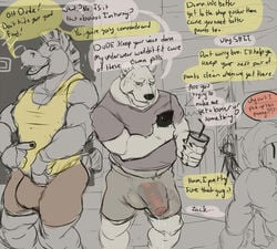 2019 anthro ass balls bodily_fluids bulge canid canine canis clothed clothing cup detailed_background dialogue domestic_dog english_text equid equine genital_fluids genitals group half-erect humanoid_genitalia humanoid_penis koorivlf male male/male male_only mammal muscular nervous nervous_sweat open_mouth outside penis phone polar_bear precum precum_drip precum_through_clothing public_nudity signature sketch smile text translucent translucent_clothing uncut ursid ursine wet wet_clothing zack_(koorivlf) zebra