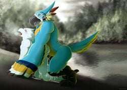 2boys 5_fingers anal anal_sex anthro anthro_on_anthro avian beak bird black_fur blue_feathers blush breath_of_the_wild closed_eyes cum cum_in_ass cum_inside duo feathers forest fur gay internal kass_(zelda) lake male male_only male_penetrating messy nintendo nude open_beak open_mouth orgasm penetration penis rito sex signature sitting size_difference spread_legs spreading the_legend_of_zelda tongue tongue_out tree twstacker twstacker_(character) video_games yaoi