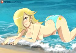 1girls all_fours ass ass_up beach bent_over big_breasts bikini bikini_bottom blonde_hair blue_eyes boobieboom breasts earrings female female_only hair hair_over_one_eye huge_breasts large_breasts legs looking_at_viewer mario_(series) nintendo princess princess_rosalina sea seaside seductive solo thighs topless underboob water