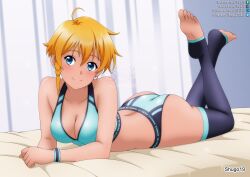 1girls 2d 2d_(artwork) 2d_artwork ahoge arm_support ass ass_cleavage ass_crack back black_legwear black_stockings black_thigh_highs black_thighhighs blonde-haired_female blonde_eyebrows blonde_female blonde_hair blonde_hair_female blue-eyed_female blue_bra blue_eyes blue_panties blue_underwear blush blush_face blushing_at_viewer blushing_female blushing_lines bra breasts brown-skinned_female brown_skin brown_skinned_female calves cleavage closed_mouth_smile collarbone curvaceous curvaceous_ass curvaceous_body curvaceous_female curvaceous_figure curvaceous_hips curvy curvy_body curvy_female curvy_figure curvy_hips digital digital_art digital_drawing digital_drawing_(artwork) digital_media digital_media_(artwork) ear_piercing earrings elbows feet female female_focus female_only fingers full_body gluteal_fold hair_between_eyes head_tilt high_resolution highres indoor indoors knees lean_figure legs legwear looking_at_viewer lying lying_down lying_on_bed lying_on_breasts lying_on_stomach median_furrow medium_breasts narrow_waist on_bed on_breasts on_stomach original original_art original_artwork original_character panties pierced_ear short_hair shoulders shugo19 sidelocks slender_body slender_waist slim_waist smile smiley_face smiling_at_viewer smirk soles solo sports_bra sportswear stirrup_legwear stirrup_stockings stockings thick_ass thick_butt thick_thighs thigh_highs thighhighs thighs tilted_head toes tomboy underwear wide_hips yellow-haired_female yellow_eyebrows yellow_hair