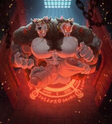 2_heads 2_penises anthro arm_spikes barazoku big_muscles big_penis black_nose body_hair brown_body brown_fur brown_horn canid canine chest_hair erection fangs foreskin fur genitals gryblak hi_res holding_penis horn huge_cock huge_muscles humanoid_genitalia humanoid_penis inside licking licking_lips licking_own_lips male male_anthro mammal multi_genitalia multi_head multi_penis muscular muscular_anthro muscular_male nipple_piercing nipples open_mouth pecs penis piercing pink_penis pubes red_eyes red_tongue shoulder_spikes solo spikes spikes_(anatomy) standing summoning_circle teeth tongue tongue_out vein veiny_penis white_body white_fur