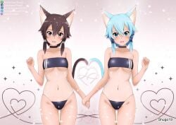 2d 2d_(artwork) 2d_artwork 2girls animal_ear_fluff animal_ears animal_tail asada_shino ass_visible_through_thighs bare_arms bare_belly bare_chest bare_hands bare_hips bare_legs bare_midriff bare_navel bare_shoulders bare_skin bare_thighs belly belly_button bikini bikini_bottom bikini_only bikini_top black_bikini black_bikini_bottom black_bikini_top black_choker black_string_bikini black_swimsuit black_swimwear blue-eyed_female blue-haired_female blue_eyebrows blue_eyes blue_hair blush blush_face blushing_at_viewer blushing_female breasts brown-eyed_female brown-haired_female brown_eyebrows brown_eyes brown_hair cat_ears cat_tail choker collarbone curvaceous curvaceous_body curvaceous_female curvaceous_figure curvaceous_hips curvaceous_teen curvy curvy_body curvy_female curvy_figure curvy_hips curvy_teen digital digital_art digital_drawing digital_drawing_(artwork) digital_media digital_media_(artwork) elbows exposed_arms exposed_belly exposed_chest exposed_hips exposed_legs exposed_midriff exposed_navel exposed_shoulders exposed_skin exposed_thighs female female_focus female_only fingers groin hair_between_eyes half_naked half_nude hand_holding hands_together high_resolution high_school_student highres holding_hands inframammary_fold inguinal_crease inguinal_ligament interlocked_fingers lean_figure looking_at_viewer midriff multiple_females multiple_girls naked naked_female naked_woman narrow_waist navel nude nude_female nudity open_mouth open_mouth_smile parted_lips pear-shaped_figure petite petite_body petite_breasts petite_female petite_girl petite_tits pink_background school_girl semi_nude short_hair shoulders shugo19 sidelocks simple_background sinon slender_body slender_waist slim_waist small_breasts smile smiley_face smiling smiling_at_viewer standing string_bikini swimsuit swimwear sword_art_online teen_girl teenage_girl teenager thigh_gap thighs tongue upper_body wide_hips young_female young_woman