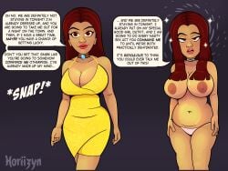 assertive_sub bare_breasts before_and_after big_breasts breasts brown_eyes brown_hair chubby chubby_female cleavage collar comic dazed dialogue dress femsub finger_snap horiizyn huge_breasts hypnosis instant_loss_2koma large_breasts large_nipples lipstick long_hair makeup midriff open_mouth original panties sex_slave signature smile speech_bubble symbol text thick_thighs topless unaware