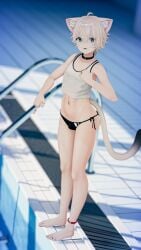 1boy 3d anklet barefoot bikini_bottom blonde_hair blue_eyes cat_ears cat_tail catboy collar cropped_shirt femboy feminine_male freckles freckles_on_face hesitant indoor_pool looking_at_viewer original original_character pool rings tank_top toe_ring unknown_artist vrchat vrchat_avatar whiskers
