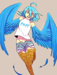 1girls 2015 avian bird_legs bird_wings blue_feathers blue_hair clothing dali-puff feathered_wings feathers female female_only flat_chest harpy monster_girl monster_musume_no_iru_nichijou open_mouth orange_eyes panties papi_(monster_musume) pink_panties short_hair short_shorts small_breasts talons tank_top text watermark wings