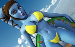 1girls 2014 3d aayla_secura alien alien_girl alternate_version_available artist_name bare_shoulders big_breasts bikini bikini_bottom bikini_top blue_skin busty chair clone_wars curvy day detailed_background ewok_floating_tire eyelashes female female_only freckles front_view headgear hourglass_figure humanoid jedi jedi_master kondaspeter looking_up mammal midriff outdoor outside pose posing purple_lips shadow shiny shiny_skin solo spread_legs spreading standing star_wars swimsuit thong twi'lek underboob voluptuous water wide_hips yellow_eyes