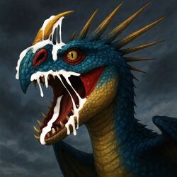 ai ai_generated bing_image_creator bodily_fluids cum cum_drip cum_in_mouth cum_inside cum_on_body cum_on_face deadly_nadder dragon dreamworks dripping female genital_fluids hi_res horn how_to_train_your_dragon mythological_creature mythological_scalie mythology open_mouth pupils scales scalie slit_pupils solo stable_diffusion stormfly wyvern