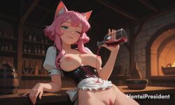 ai_generated areolae bangs breasts breasts_out breasts_out_of_clothes cat_ears cat_girl catgirl cleft_of_venus erect_nipples erection female female_only hentaipresident holding holding_object indoors large_breasts looking_at_viewer maid medium_breasts nipples no_bra no_panties nude nude_female oerba_yun_fang one_eye_closed pink_hair short_hair smile solo solo_female tavern tavern_background uncensored uncensored_breasts uncensored_nipples vagina