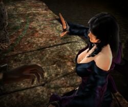 after_fellatio black_clothing black_gloves black_hair cum_on_breasts cum_on_face soul_calibur soul_calibur_v