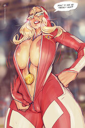 1girls areolae bbc-chan between_breasts big_breasts bimbo blonde_hair blue_eyes breasts busty capcom cleavage color colored dialogue english english_text eyewear female female_focus female_only glasses hair huge_breasts human human_only kolin large_breasts light-skinned_female light_skin no_bra no_underwear olympic_medal pubic_hair_peek solo speech_bubble street_fighter street_fighter_v text voluptuous zipper zipper_pull_tab