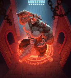 anthro arm_spikes barazoku big_muscles big_penis black_nose body_hair brown_body brown_fur brown_horn canid canine chest_hair erection fangs foreskin fur genitals gryblak hand_on_head hi_res horn huge_cock huge_muscles humanoid_genitalia humanoid_penis inside male male_anthro mammal muscular muscular_anthro muscular_male nipple_piercing nipples open_mouth pecs penis piercing pink_penis pubes red_eyes red_tongue shoulder_spikes solo spikes spikes_(anatomy) standing summoning_circle teeth tongue vein veiny_penis white_body white_fur