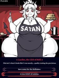 ass bbw belly big_belly big_butt blob cake dessert eating fat fat_ass fat_butt fat_fetish fat_rolls feederism female food goat helltaker huge_ass huge_belly huge_butt huge_thighs kitchen lucifer_(helltaker) morbidly_obese obese overweight overweight_female pancake rolls_of_fat solo stuffing thick_thighs vickiara weight_gain