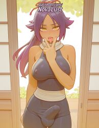 1futa 2025 ai_generated artist_name bleach blush bulge cock covered_collarbone covered_nipples dark_skin dick erection erection_under_clothes finger_to_mouth futanari hi_res high_quality high_resolution highres indoors long_hair looking_at_viewer male_focus novalust open_mouth open_window otoko_no_ko patreon patreon_username penis purple_hair railing round_window shihouin_yoruichi shouji sliding_doors solo stable_diffusion testicles tongue tongue_out watermark window yellow_eyes