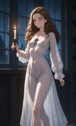 ai_generated candlestick covered_nipples dorm dormitory harrowing_series harry_potter hermione_granger hogwarts holding_candle holding_object night_dress nightgown nipples_visible_through_clothing no_bra no_panties skinny transparent_clothing transparent_dress walking white_dress
