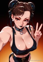 2025 ai_generated anime breasts brown_eyes brown_hair bun_cover capcom chun-li cleavage collar covered_nipples crop_top crossover double_bun earrings eye_contact eyeliner eyeshadow female female_focus female_only fishnet_pantyhose fishnets gradient gradient_background hair_bun highres huge_breasts jewelry large_breasts lips lipstick looking_at_viewer makeup midriff navel pantyhose patreon reaching_towards_viewer ribbon rognezart selfie short_hair smile smiling solo spiked_collar spikes stockings street_fighter street_fighter_6 tank_top v