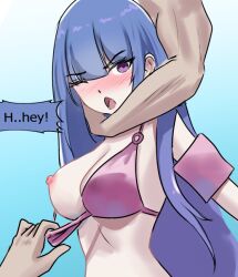 1girl2boys 2boys1girl areola areolae big_breasts blue_hair blush blush_lines blushed_face blushing blushing_female breast_out breast_outside breasts_out breasts_out_of_bikini breasts_out_of_bra breasts_out_of_clothes breasts_out_of_swimsuit breasts_out_of_top breasts_outside closed_eye clothes_pull clothes_pulled_aside dialogue_bubble dialogue_speech_bubble eyebrow_through_hair eyebrows_through_hair eyebrows_visible eyebrows_visible_through_hair floatie hourglass_body hourglass_figure hourglass_figured_female hourglass_figured_humanoid light-skinned_female light_body light_skin light_skin_female light_skinned light_skinned_female long_blue_hair long_hair long_light_blue_hair marima666_(artist) minimal_background minimal_clothing nipples open_mouth pink_bikini purple_eyes removing_clothing topless topless_female topwear topwear_aside topwear_grab topwear_only topwear_pull upper_body upper_body_focus upper_body_only upper_body_visible visible_areolae visible_boobs visible_breasts visible_nipples
