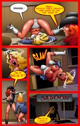 2002 blonde blonde_hair bra catfight comic cowboy_hat cowgirl crowd dazed dd_guns defeated destruction dizzy fight garter_belt garter_straps hat lingerie open_mouth pant panties punch red_hair redhead saloon sheriff sheriff_jane_chest smudge stockings table underwear yuri