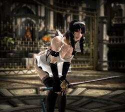 1girls 3d after_fellatio after_rape apron bent_over black_hair black_legwear cum cum_on_ass cum_on_back cum_on_breasts cum_on_face cum_on_shoulder female maid public_use solo soul_calibur soul_calibur_v white_hairband