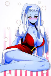 belt big_breasts black_sclera blue_skin breasts bubbles cleavage clothing dali-puff dullahan embarrassed female female_only fully_clothed gold_eyes hair humanoid lala_(monster_musume) long_hair monster_girl monster_musume_no_iru_nichijou santa_costume simple_background sitting white_hair