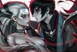 ai_art ai_assisted ai_generated aisei anguish aphelios artistic_nude blood_drip blood_on_face choker commission couple cross_earrings diana_(league_of_legends) dramatic_pose earrings eye_contact forsaken holding_chin inspired_by kissing lacy_choker league_of_legends league_of_legends:_wild_rift looking_at_another monochrome_background moon moonlight music_album naked_breasts naked_female night romantic romantic_couple romantic_night silver_eyes silver_hair tears wind