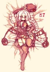 1girls 2d absurdres alternate_costume bar_censor bow_(weapon) bra breasts brown_bra brown_gloves brown_panties brown_thighhighs censored cleavage commentary eirin_yagokoro female female_only fingerless_gloves full_body garter_straps gloves grey_hair highres holding holding_bow_(weapon) holding_weapon korean_commentary korean_text large_breasts lingerie long_hair looking_at_viewer lying nipple_cutout nipples no_headwear on_back panties pussy pussy_cutout rampa93 red_eyes solo thighhighs touhou translation_request underwear unworn_headwear very_long_hair weapon yagokoro_eirin