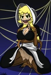 <3_eyes 1girls animal_humanoid arachnid arthropod blonde_hair breasts cleavage cliffside clothed clothing cordie dress eyelashes female hair hat heart humanoid icebot monster_girl monster_girl_(genre) open_mouth presenting presenting_pussy pussy solo solo_female spider_humanoid spider_web teeth tongue