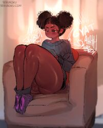 1boy 2d afro_puffs artist_name balls black_hair bottomless chair color dark-skinned_femboy dark-skinned_male dark_skin femboy femboy_only feminine_male flaccid flaccid_penis foreskin full_color knees_up male male_only no_underwear original penis seruroku sitting socks solo solo_male tablet testicles thick_thighs
