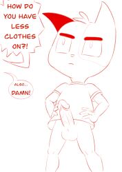 1boy 2025 absurd_res anthro arms_bent asking asking_how balls big_balls big_eyes big_penis biped bottomless bottomless_anthro bottomless_male calico_cat closed_frown clothed clothing cub dialogue digital_drawing_(artwork) digital_media_(artwork) domestic_cat dr._proletariat ellipsis english_text erection eyebrows felid feline felis fingers frown fur fur_tuft genitals glans hands_on_hips hands_on_own_hips head_tuft hi_res humanoid_genitalia humanoid_hands humanoid_penis interrobang iris litterbox_comics looking_forward male male_cub male_only mammal monochrome mouth_closed no_pupils offscreen_character penis pointy_ears pointy_speech_bubble pose prick_ears question red_and_white red_text serious shirt shirt_only sketch small_but_hung solo solo_male speech_bubble standing t-shirt t-shirt_only talking_to_another text three-quarter_view topwear topwear_only tuft vein veiny_penis vincent_(litterbox_comics) webcomic