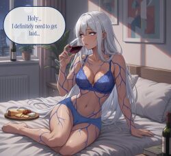 ai_generated bedroom blau_kase body_markings cameltoe cheese drinking_wine glowing_eyes hard_nipples light-skinned_female lingerie no_sex relaxed relaxing tan_skin text thinking white_eyes white_hair wine wine_bottle wine_glass