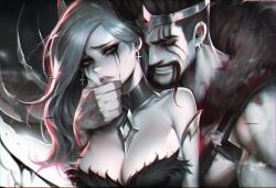 ai_art ai_assisted ai_generated aisei anguish artistic_nude blood_drip blood_on_face choker commission couple cross_earrings dominant dramatic_pose draven earrings finger_in_another's_mouth forsaken holding_chin inspired_by kissing lacy_choker league_of_legends league_of_legends:_wild_rift monochrome_background morgana music_album naked_breasts naked_female night romantic romantic_couple romantic_night tears wind