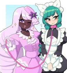 2girls blush brown_eyes collar dark-skinned_female dark_skin dominant_female eyelashes female female_only gloves green_hair hand_on_shoulder harujio_(pokemon) hi_res j5daigada jacinthe_(pokemon) leash leash_and_collar lebanne_(pokemon) lezdom lezsub light-skinned_female light_purple_hair light_skin long_hair looking_at_viewer maid maid_headdress maid_uniform mistress_and_servant nervous nintendo pink_eyes pokemon pokemon_legends:_z-a purple_hair smiling smiling_at_viewer sparkles submissive_female wink winking_at_viewer yukari_(pokemon)