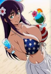 1girls 8k ai_generated american american_female american_flag_bikini beach beautiful_girl bikini desert_punk drinks flower flower_in_hair hi_res high_resolution holding_drink junko_asagiri large_breasts long_hair looking_at_viewer purple_hair straight_hair upscaled