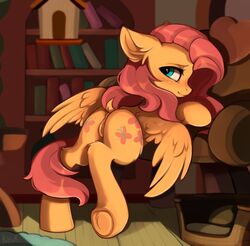 2018 absurd_res ass blush cutie_mark dock equine female feral fluttershy_(mlp) friendship_is_magic fur hair hi_res hooves inside long_hair looking_at_viewer mammal my_little_pony pegasus pussy ritter solo underhoof wings