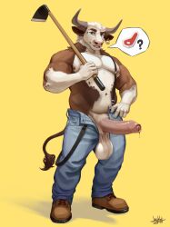 anthro balls big_balls big_muscles big_penis blue_eyes bodily_fluids bottomwear bovid bovine brown_body brown_fur cattle clothing denim denim_bottomwear denim_clothing ear_piercing ear_tag erection foreskin fur genital_fluids genitals hi_res hoe horn humanoid_genitalia humanoid_penis jaykat jeans male mammal muscular muscular_anthro muscular_male nipple_piercing nipple_ring nipples overalls pants pecs penis piercing pink_nose precum ring_piercing saggy_balls shirtless_anthro shirtless_male smile solo tail tail_tuft tools tuft unzipped unzipped_pants zipper