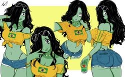 absurdres alternate_skin_color artist_logo ass bags_under_eyes bead_necklace beads bikini bikini_under_clothes black_bikini black_eyes black_hair border bracelet brazilian_flag brazilian_flag_print brazilian_miku_(cosplay) brazilian_sadako breasts can colored_skin commentary cosplay cowboy_shot crop_top cropped_legs denim denim_shorts earrings english_commentary eyewear_on_head female flag_print ghost ghost_girl gold_bracelet gold_earrings green_skin green_trim grey_skin guarana_antarctica hair_over_one_eye highres holding holding_can jewelry logo long_hair lowleg lowleg_shorts lughost messy_hair midriff multiple_bracelets multiple_views navel navel_piercing necklace pale_skin piercing print_shirt ringed_eyes shirt short_shorts shorts signature sunglasses swimsuit the_ring tied_shirt tongue tongue_out vocaloid white-framed_eyewear white_border yamamura_sadako yellow_background yellow_shirt