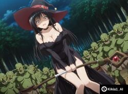 1girls ai_generated big_breasts forest goblin goblins kikia1 knees_together_feet_apart kotegawa_yui large_breasts long_hair multiple_boys night outdoors scared scared_expression skinny slender_waist standing to_love-ru trembling witch witch_hat