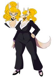 blonde_hair breasts canine cleavage female female furry glasses high_heels leia_(sssonic2) office_lady sssonic2 standing suit tagme